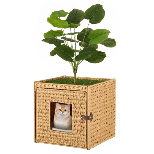unipaws Cat Litter Box Enclosure with Faux Plant and Litter Mat, Hidden Handwoven Rattan Planter Cat House Furniture, DIY Decoration on Square Top by Yourself, for Living Room, Bedroom, Corner
