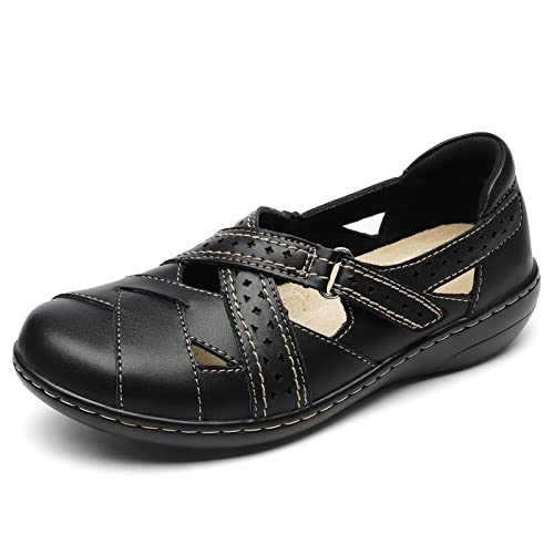 Terrikat Women's Casual Black Loafers Cute Slip On Comfort Walking Flats Leather Driving Moccasins Fashion Closed Toe Boat Shoes 1308-Hei6.5 #TOP2