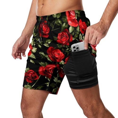 Flower Red Rose Mens Swim Trunks Quick Dry Beach Shorts with Compression Liner and Pocket2
