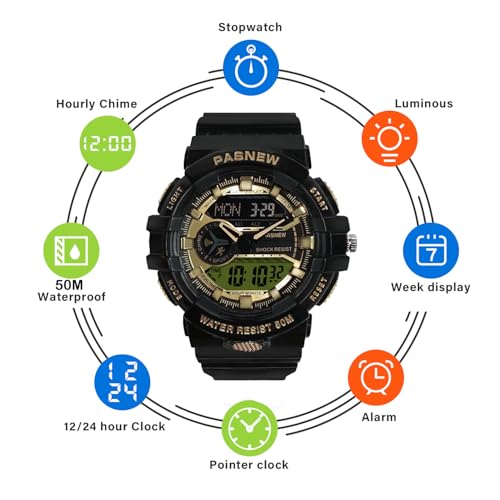 Image of PASNEW Boys' Watches - Dual Display, Large Dial Sport Watch, Black Outdoor Watch for Boys & Teens - Waterproof