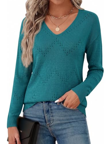 Image of Zeagoo Womens Sweaters Fall Trendy Casual Long Sleeve Shirt Lightweight V Neck Off Shoulder Crochet Pullover Top Outfit
