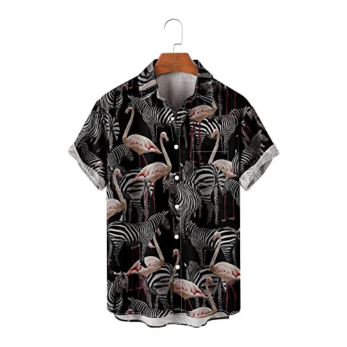 Camisa de manga corta con estampado de flamencos y bolsillos sueltos estilo hawaiano, C, XXXXXL Cover