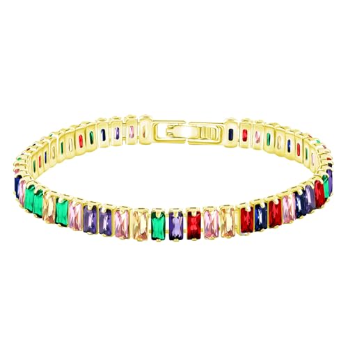Tobestu Gold Plated Colorful Rectangle Zircon Tennis Bracelet - Crystal and Fashion CZ Style for Wedding and Everyday Wear (Size-17CM) YA4537