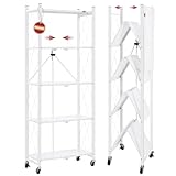 DEANIC 5-Shelf Foldable Storage Shelves with Wheels,No Assembly Bookshelf, Metal Shelving Units Storage for Garage,Kitchen,Living Room,Basement,Pantry,Entryway,Laundry Closet,White