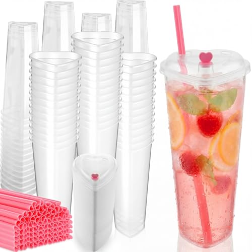 Ferrochef 100 Set 23 oz Heart Shaped Plastic Cups with Lids and Straws Reusable Disposable Heart Cups Plastic Drinking Cup Bulk for Wedding Anniversary Party Supplies (Clear Pink)