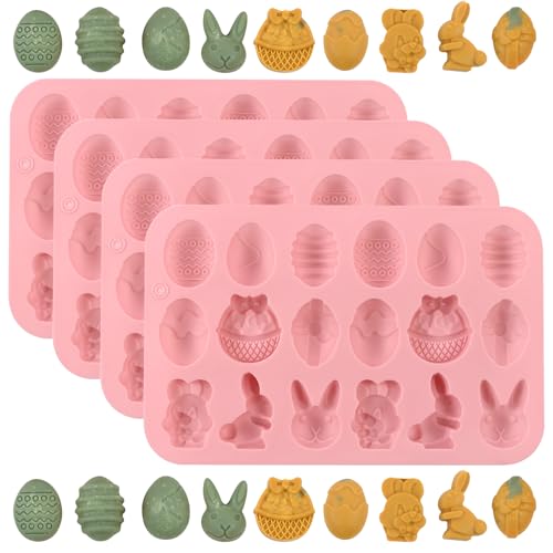JSTHHTT 4 Pièces Moule Chocolat Paques en Silicone, Oeuf de Lapin de Pâques Moule à Chocolat,...