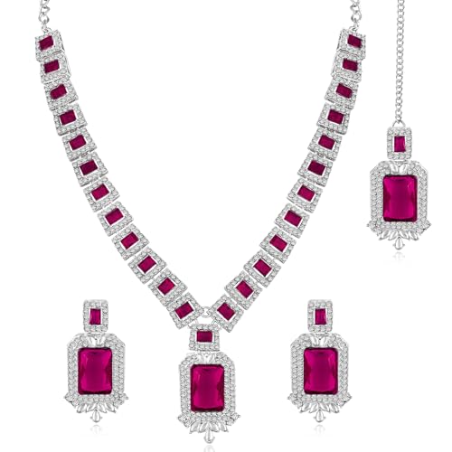 Image of Peora Silver Plated Crystal & Cubic Zirconia Studded Necklace Earrings Maangtikka Set Fashion Jewellery Gift for Women & Girls