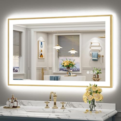 Image of 48x30 Gold LED Bathroom Mirror with Lights, Lighted Vanity Mirror | Backlit & Front Lit, Anti-Fog, Brushed Gold Framed, 3 Color Dimmable, Memory, HD Tempered Glass, CRI95, Horizontal /Vertical