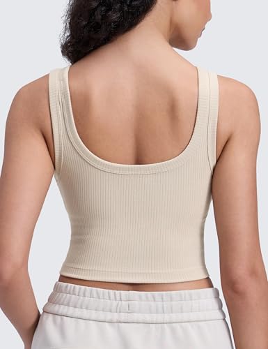 Image of CRZ YOGA Ribbed U Neck Crop Tank Tops | Medium Support, Removable Pads, Casual, Wide Straps, Longline Sports Bras for Women