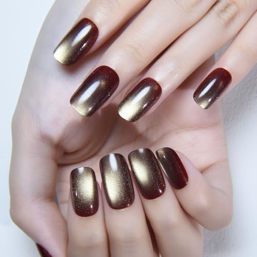 Brown Khaki Reflective Cat Eye Press on Nails Medium Square, Medi...