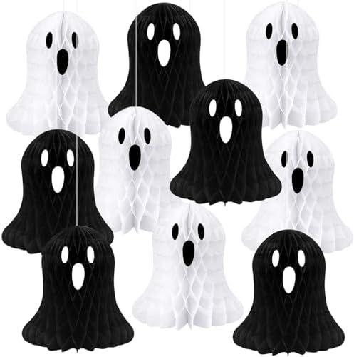 Halloween Ghost Decorations, 10 Pcs Black and White Honeycomb Dec...