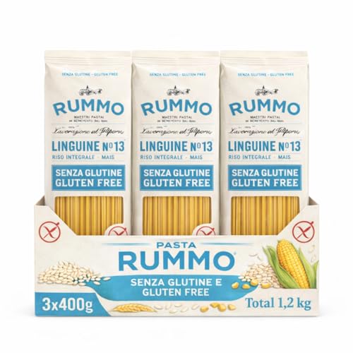 Linguine Rummo Nº13, Pasta Italiana, Pasta sin gluten, Pasta alimenticia con harina de arroz integral y maíz, Sin gluten, Elaboración lenta, 3 Paquete de 400 gr
