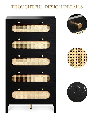 GOOBED Natural Rattan 5 Drawer Dressers Wooden Chest of Drawers with Golden Handles - Modern Large Boho Dressers Storage Cabinet for Living Room Hallway/Entryway Black