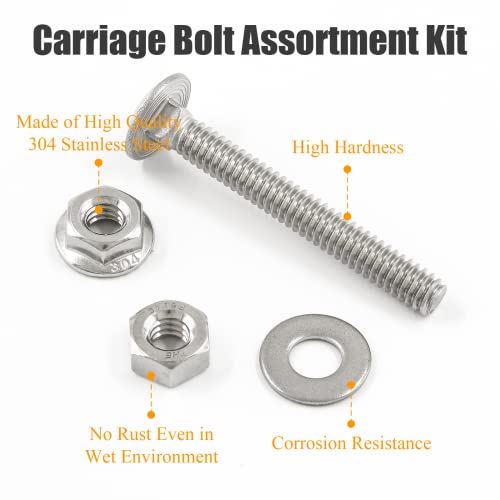 HARSKIYER 12pcs 1/4-20 x 2\" Carriage Bolt Assortment Kit, 304 Stainless Steel Carriage Bolts Round Head Bolts with Flat Washers Hex Nuts Hex Flange Nuts