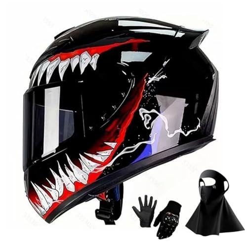 Casco Integral de Motocicleta 2025 con Visera Solar Negra para Adultos, Casco de Moto de Carreras de Calle con Guantes Y MáScara, Aprobado por El Dot(KK2,M(57-58cm))