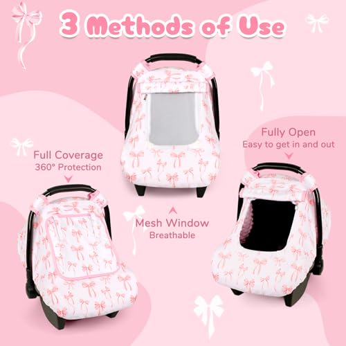 Image of Baby Car Seat Cover, Windproof Carseat Cover for Infant Girls, Infant Warm Carseat Canopy with Double Layer Fabric for Winter, Compatible with Most Baby Car Seat, Bow