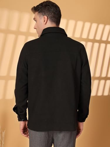 Image of CHKOKKO Men Tweed Modern Winter Coat Hip Length Single Breasted Overcoat With Spread Shirt Collar| Buttoned Cuffs And Front Side Pockets For Stylish Casual Or Formal Wear