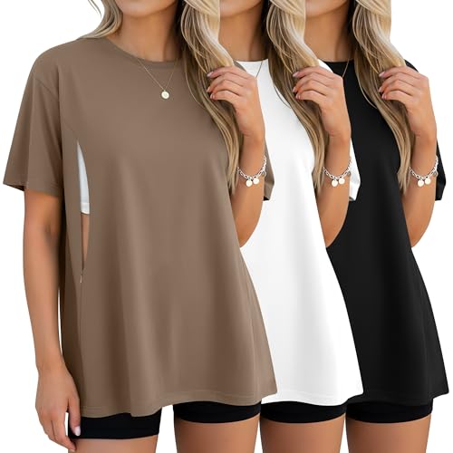 Image of Sweetyweee 3 Pack Women's Oversize Nursing Breastfeeding Shirts Hidden Zipper Short Sleeve Loose Fit Maternity Tops