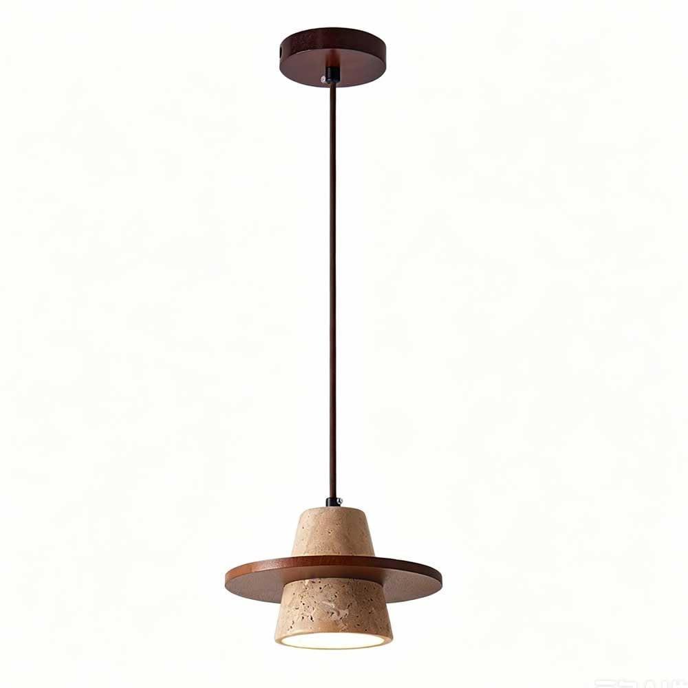 HUAYUSEDF Japanese Travertine Wood Pendant Light Minimalist Walnut Lamp with Metal Hardware Conical Stone Single Hanging Fixture for Bedroom Dining Room Study 8 Inch Wide Lighting