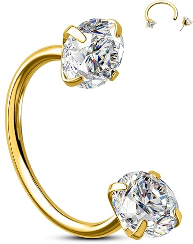 OUFER 22g Gold Nose Rings Hoops, 316L Surgical Steel Double Gem Nose Piercing Jewelry with Threadless Top, Helix Earrings Lip Rings for Women-7mm