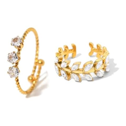 Loqimu 2 Pack Cubic Zirconia Stackable Rings Gold Leaf Wrap Rings Adjustable Stainless Steel Dainty Cuff rings for Women Fingers Statement Rings Cocktail Party Birthday Valentines Wedding Sets Cover