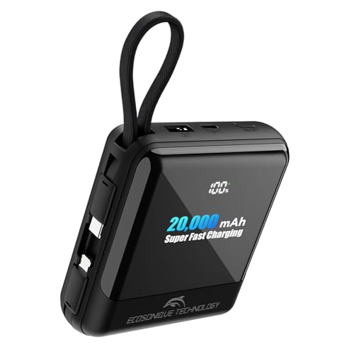Ecosonique 20000mAh Power Bank 33W Max Fast Charging Portable Charger with Built in Cables USB C Phone Battery Pack for iPhone 16 15 iPad Samsung Google LG Android Cellphone Tablets Black