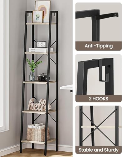 Image of Hzuaneri Ladder Shelf, Bookshelf Bookcase, Freestanding Corner Storage Shelve with 2 Hooks for Home Office, Living Room, Kitchen, Bedroom, Industrial, 11.8 inch D x 13.4 inch W x 63 inch H, Greige BC03205B