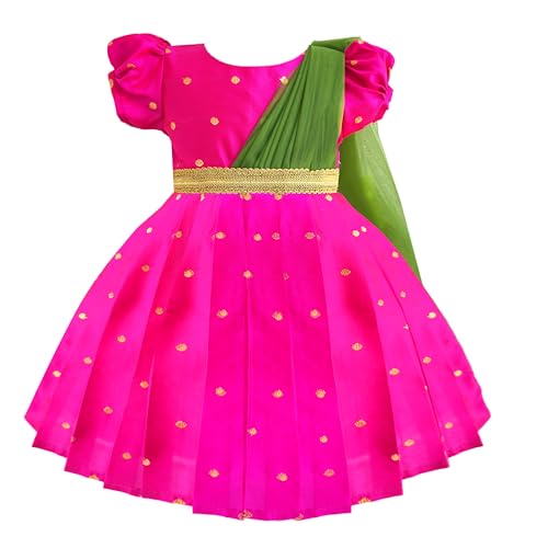 Image of Stanwells Kids Gold & Peach Banarasi Silk Saree Frock for Baby Girls - Traditional Ethnic Dress for Birthday (6 Months-7 Years)