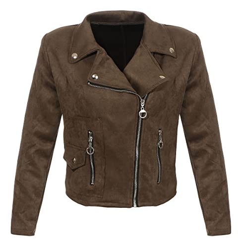 malito Damen Jacke | Velours Jacke | Biker Jacke mit Reißverschluss | Faux Leather - leichte Jacke 19617 (oliv, XL)