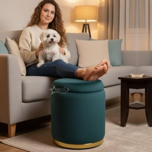 Image of Velvet Round Single Strip Ottoman Office Stool Foot Rest Stool Velvet Fabric Padded Seat Pouf Ottoman 13 X 13X 16 inch, in Round Shape for Living Room Aqua
