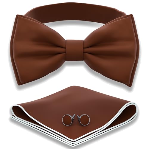 Image of Adam Young Men's Bow Ties with Handkerchief & Cufflinks Pre-Tied Style Formal Satin Classic Bowtie for Tuxedo Faux Silk
