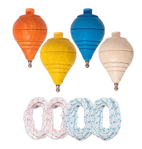 Peonças crianças de madeira clássica cores sortidas com cordão - conjunto manual para crianças com ponta giratória - pacote de escolha 4/8/16/24 - Variedade de cores pião trompo Spinners perinola