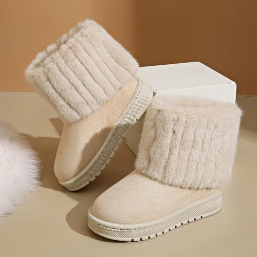 Little Kid Faux Fur Mid Calf Snow Boots - Big Kid Round Toe Suede Warm Fur Lined Platform Flat Comfort Outdoor Winter Fashion Boots4