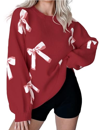 Image of Libsorge Womens Oversized Cute Bows Crewneck Cozy Pullover Sweater | Fall Winter Trendy Long Shoulder Balloon Sleeve Knit Baggy Printed Dressy Casual Valentines Day Vintage Sweaters