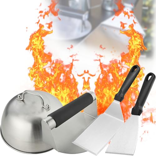Cerkkapo Burger Smasher Set, 4-TLG Smash Burger Set, Smash Burgerpresse Edelstahl,Burger Set Beinhaltet Burgerpresse, Grillspachtel, Pfannenwender und Burgerglocke für Plancha Gasgrill Teppanyaki