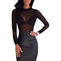 Yefree Ropa de Mujer Sexy Malla Perspectiva Top Manga Larga Transparente Corte Ajustado Camisa Camiseta