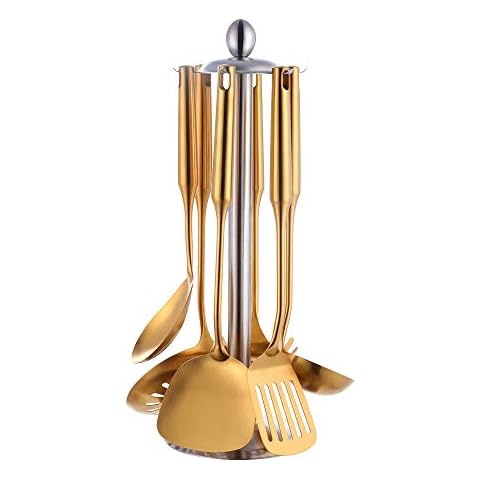 Baikai Kitchen Utensils Set of 7, Titanium Plated Gold Cooking Tool Gadgets Stainless Steel Cookware Set with Holder Cover
