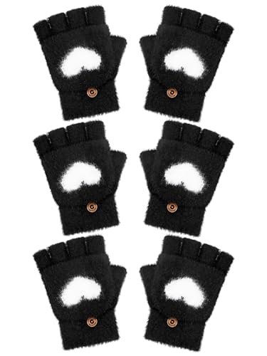 Geyoga 3 Pair Heart Fingerless Gloves Convertible Flip Top Gloves Winter Half Finger Mitten for Boy Girl 5-10 Year