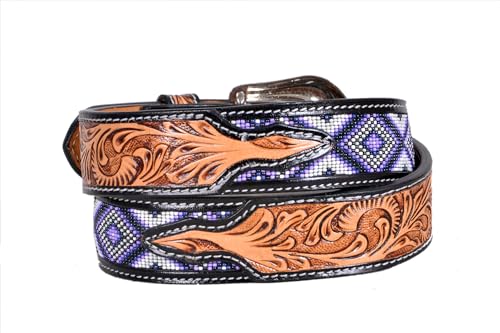 Western Tooled Leather Beaded Belt For Men and Women 30IS1132