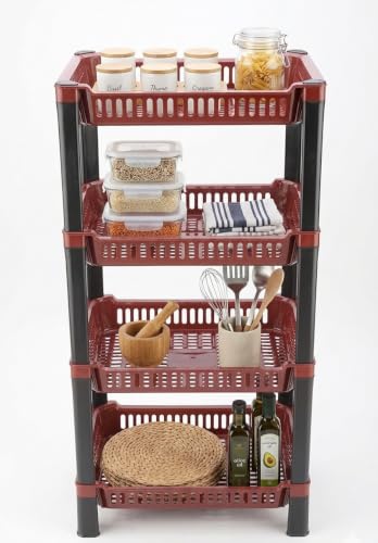 Image of U-Max Multi Tire Kitchen Storage Rack, Plastic Utility Shelf Organiser, Space Saving Storage Solution, Revolving Vegetable Rack (Maroon, 4)