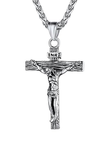 U7 Colgante Personalizado de Cruz Acero Inoxidable Collar Cruz de Jesús con Cadena Espiga ajustable 56+5cm Plateado, Joyería Religiosa Crucifijo Colgante para Hombre y Mujer