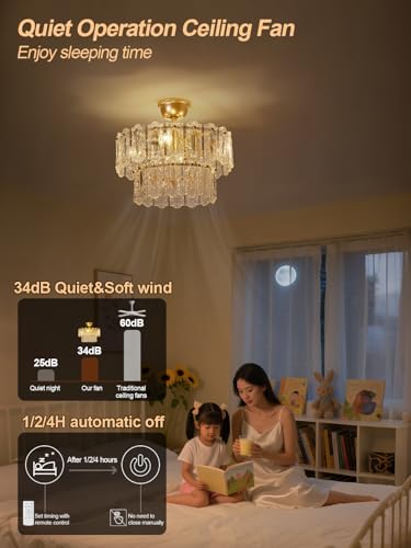 Image of Gold Crystal Fandelier Ceiling Fan with Light, 20 inch Caged Chandelier Ceiling Fan with Light Remote Control, Mid-Century Enclosed 6 Speeds for Bedroom, Nursery, Living Room, Foyer