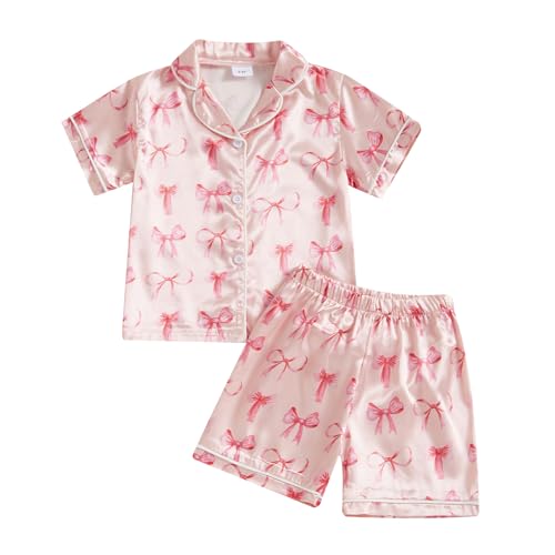 Kuriozud Toddler Baby Kids Satin Pajamas Short Sleeve Button Down 2 Piece Pajama Set Little Girl Sleepwear Summer Pajamas