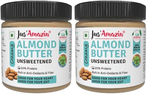 Image of Jus' Amazin Creamy Almond Butter - Unsweetened (200 g) | 25% Protein | Only Pure Whole Almonds | Zero Additives /Chemicals | Plant Based, Dairy Free, Keto | Clean Nutrition, 0% Chemicals. (Pack of 2)