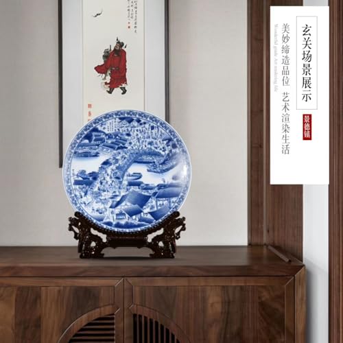 Jingdezhen Blue and White Porcelain Decorative Plate, Qingming Shanghe Tu Riverside Scene Design with Wooden Display Stand, 12 Inch Round, Traditional Chinese Ceramic Art