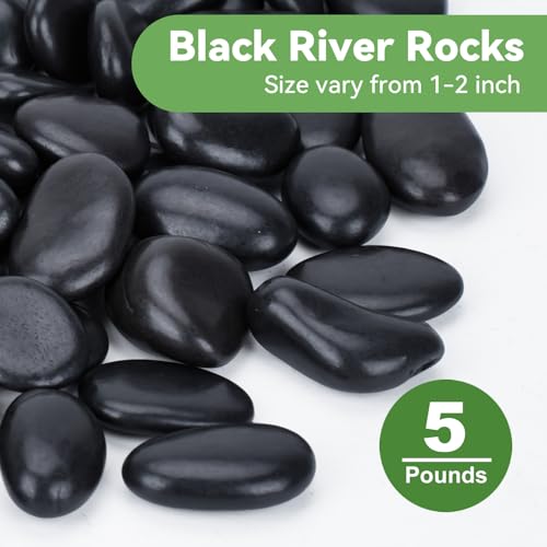 Image of Pulovin 5 Pound Decorative Stones, Black Pebbles for Landscaping, Plant Rocks for Pots Outdoor and Indoor, 1 inch-2 inch Polished River Rocks for Vase Filler, Garden Decor