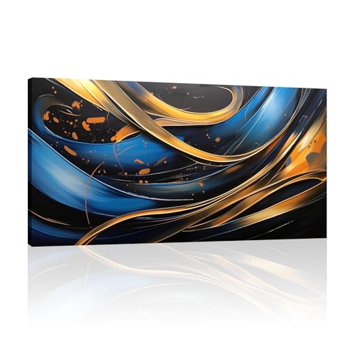 Peinture abstraite bleue et dorée 60x120cm avec châssis bois intégré