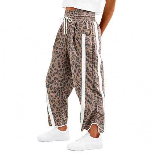 Womens Leopard Pants Fall High Waisted Barrel Crop Cheetah Joggers - image 2