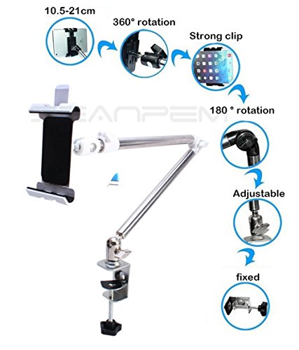Xemz Universal Foldable Tablet Smartphone Arm Stand Adjustable Metal Holder With Sponge Pad 360 Rotating Desk-Top Mount Clamp Lock On Arms Replacemen For Apple, Android, Or Other 4-10.5" Screen #TOP1