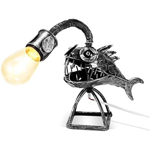 SUNJULY Angler Fish Lamp Floor-Standing Retro Art Table Lamp with USB Interface Fishing Night Lights Table Lamps Handmade Unique LED Light Cover